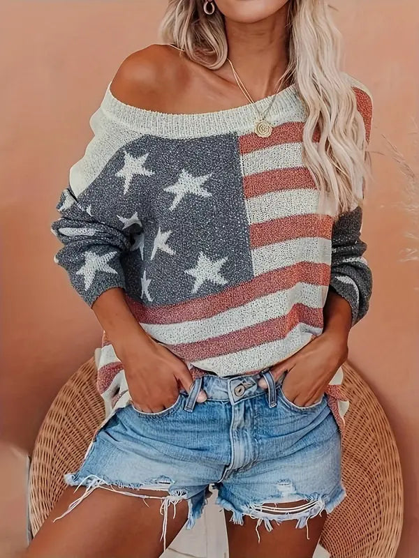 Callista - Suéter Casual de hombro descubierto con estampado de bandera