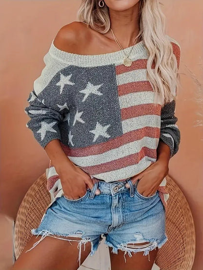 Callista - Suéter Casual de hombro descubierto con estampado de bandera
