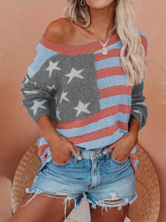 Callista - Suéter Casual de hombro descubierto con estampado de bandera
