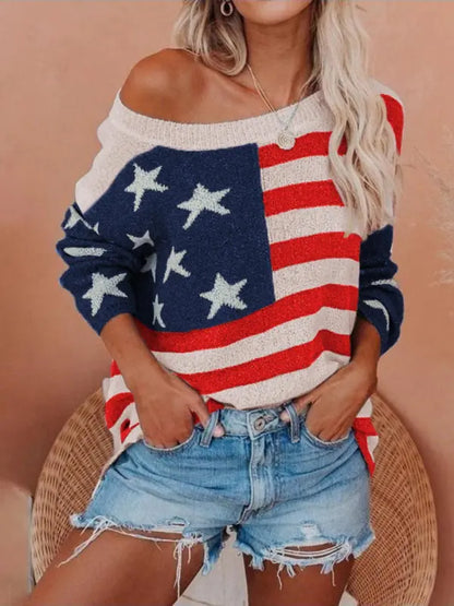 Callista - Suéter Casual de hombro descubierto con estampado de bandera